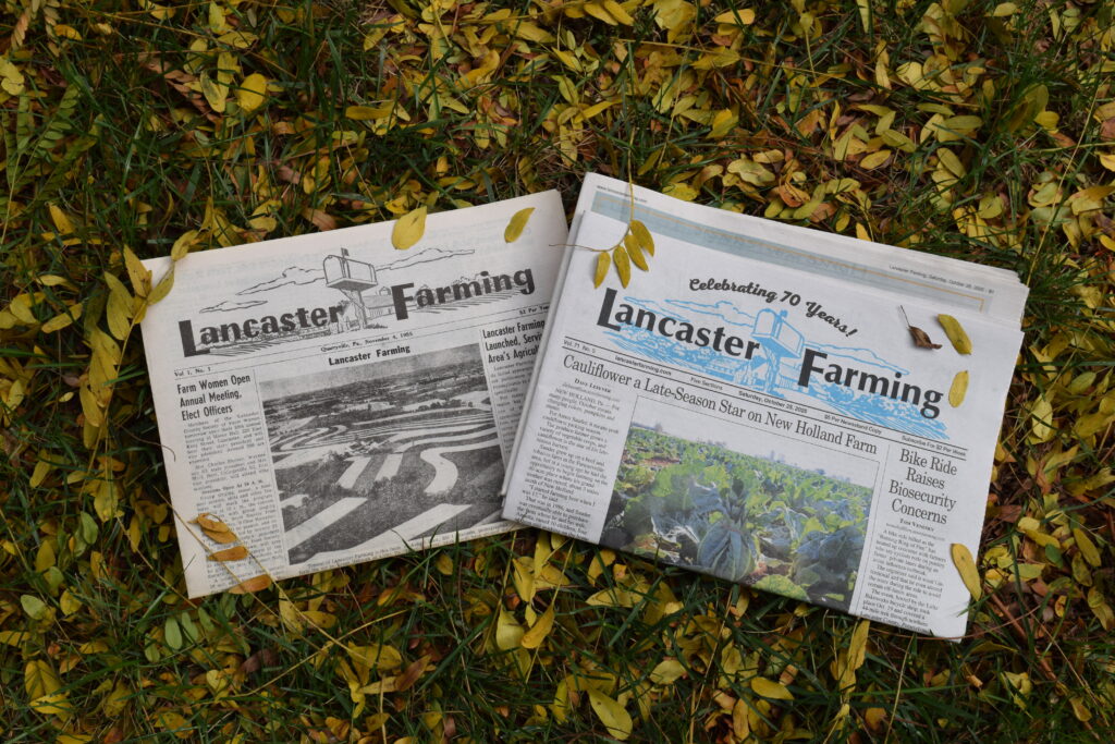 A replica of 1955's first edition of Lancaster Farming, as well as the Oct. 25, 2025, edition.