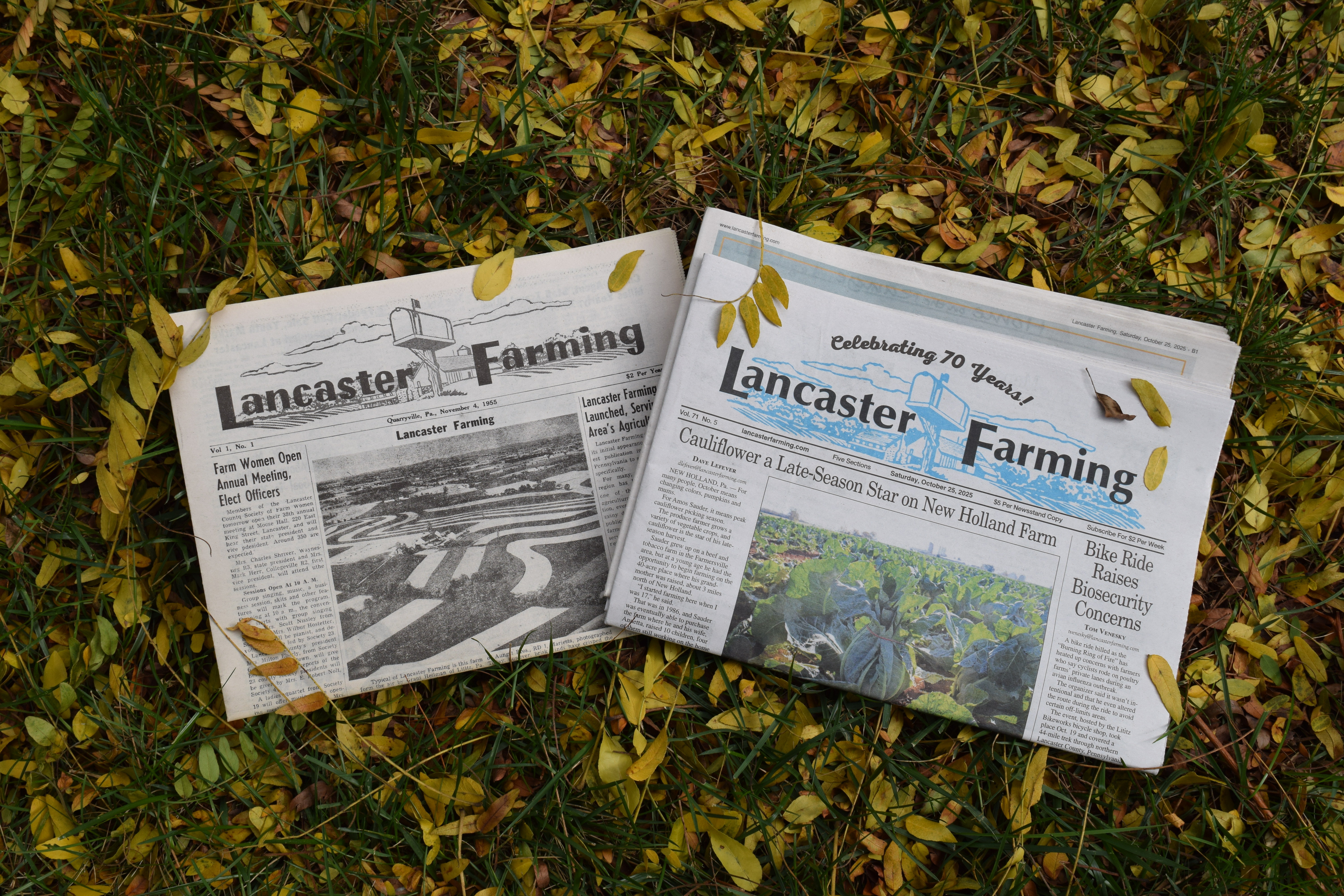 A replica of 1955's first edition of Lancaster Farming, as well as the Oct. 25, 2025, edition.