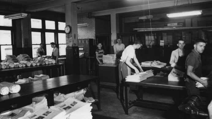 The Mirror mail room, shown here in 1949, is still the place where papers are bundled and readied for carriers and stores. (Altoona Mirror file photo)