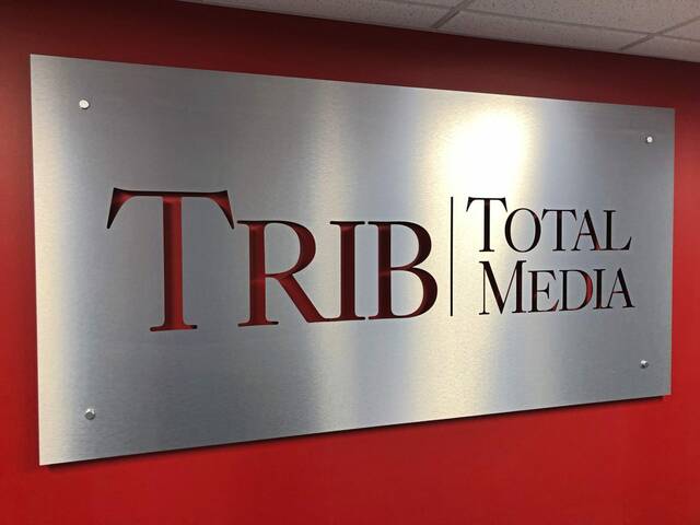 The Trib Total Media sign in the company’s headquarters in Tarentum. Photo courtesy of TribLIVE.